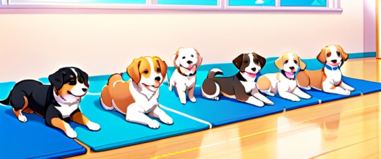 A group of puppies learning basic commands in a training class