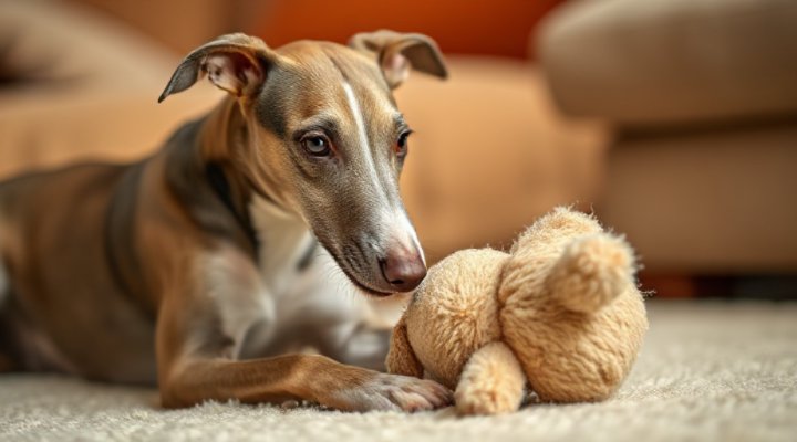 A Greyhound playing with a soft toy to relieve stress
