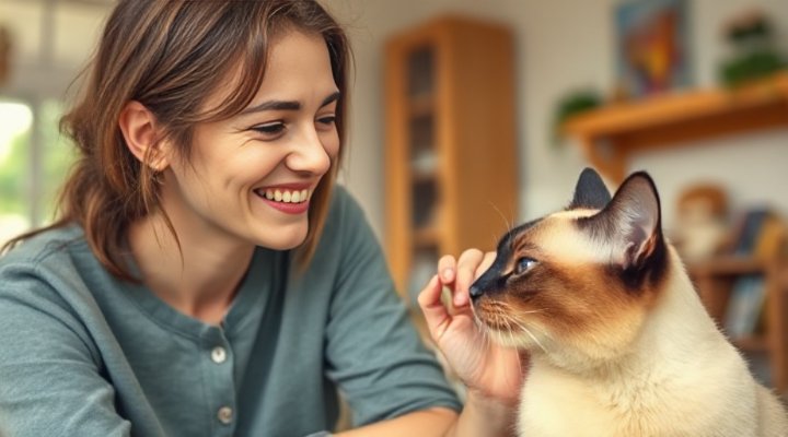 A loving owner interacting with their vocal Siamese cat