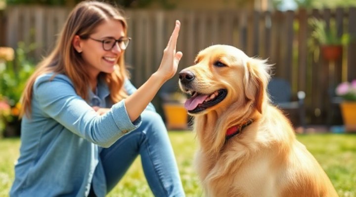 A happy dog performing a high-five trick with its owner