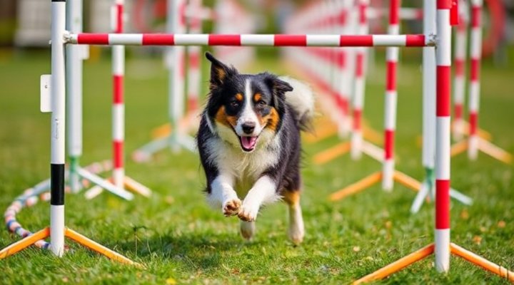 A focused dog weaving through agility poles