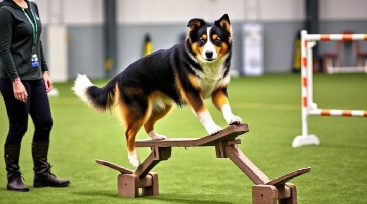 A confident dog balancing on an agility seesaw