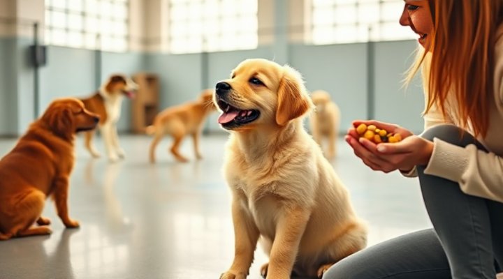 Golden retriever learning commands in a group class setting