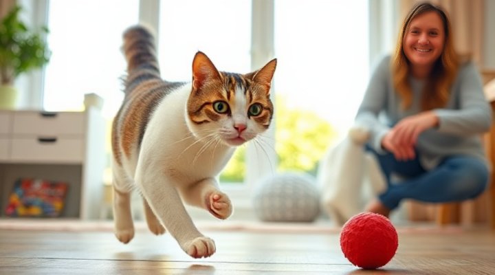 A cat retrieving a small ball and bringing it back to its owner