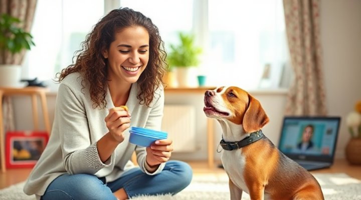 Young woman smiling while practicing 'sit' command with her beagle during online training