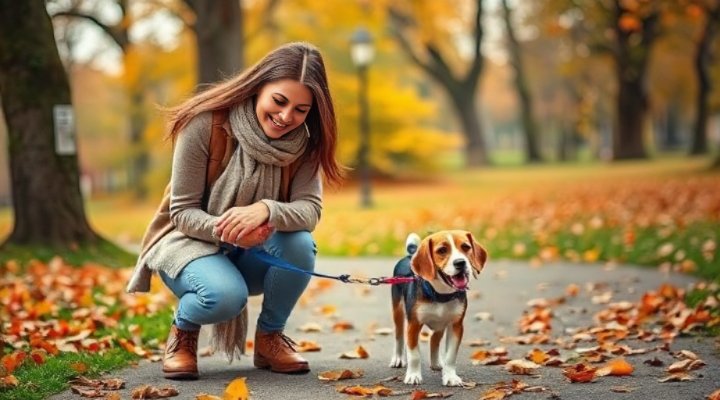 Puppy learning to walk on leash with owner