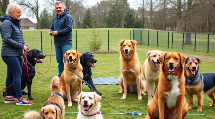 Diverse group of dogs and owners participating in a professional training class