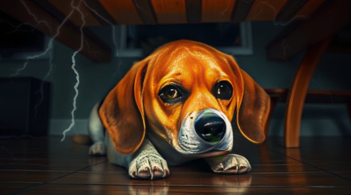 Anxious dog hiding during a storm