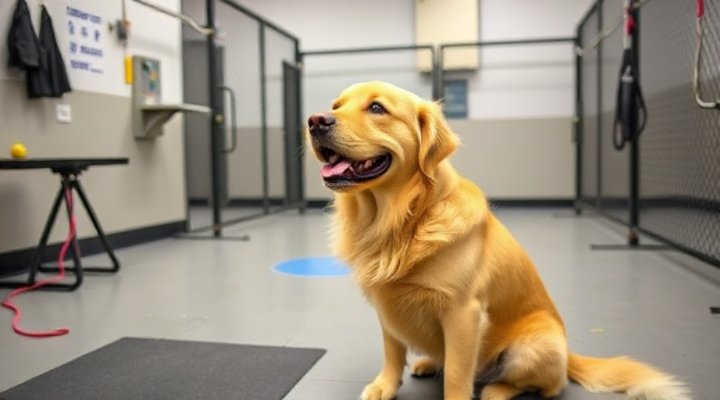 A happy golden retriever sitting in a well-equipped dog training facility