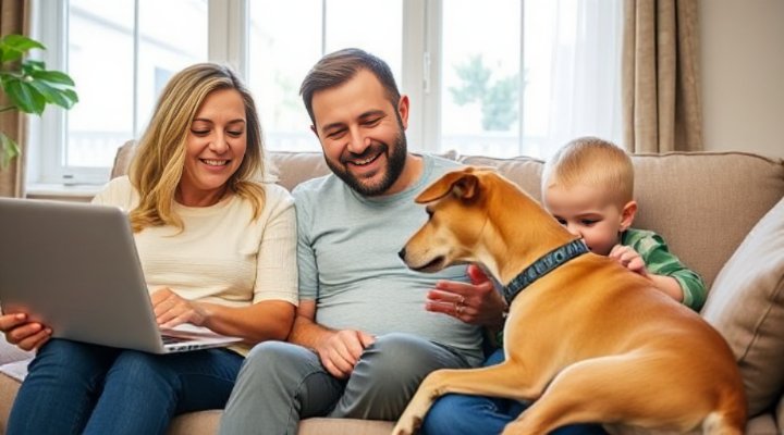 Family watching online dog training video with their dog