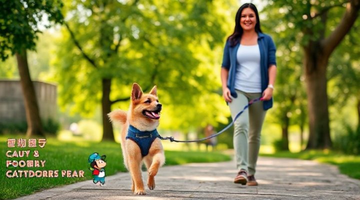 A happy puppy walking on a leash with its owner