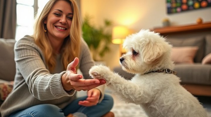 Dog learning to shake hands with its owner