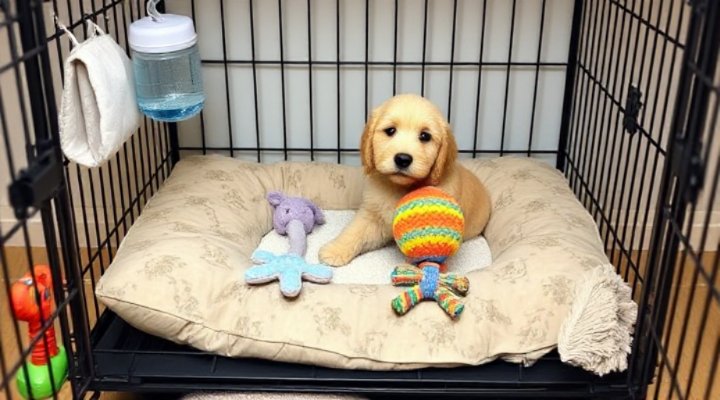 Well-organized crate with bedding, water bowl and chew toys