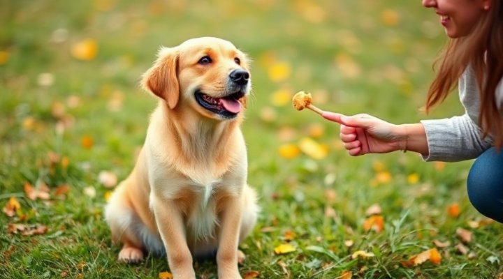 A happy golden retriever sitting and waiting for a treat during training