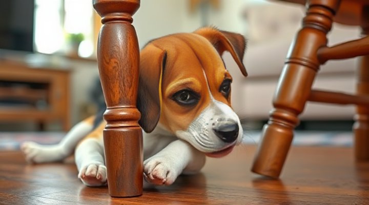 A dog exhibiting unwanted chewing behavior on furniture