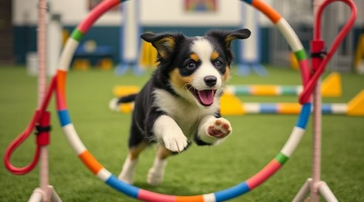 Border collie puppy navigating agility course