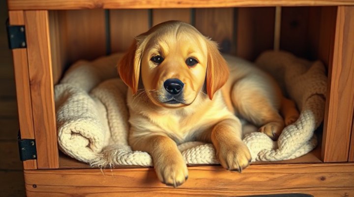 A golden retriever puppy happily resting in a cozy crate with a soft blanket