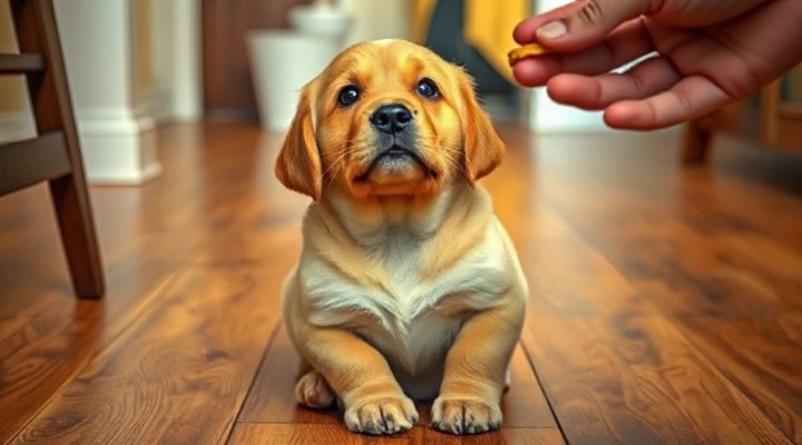 A golden retriever puppy sitting and learning basic commands from its owner