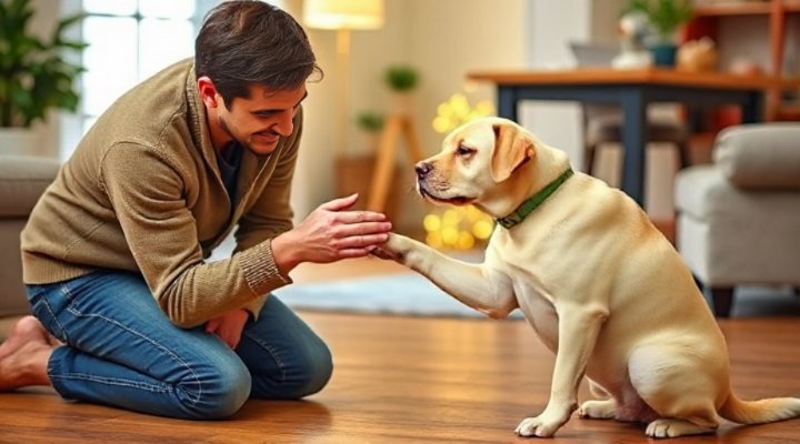 Owner teaching their dog to shake hands during a home training session