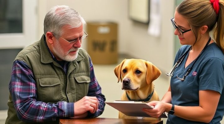 Dog owner having a detailed conversation with boarding staff