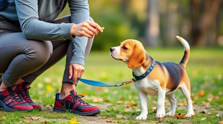 A trainer using treats to reward a dog for good leash behavior