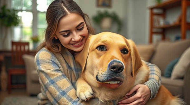 Owner receiving comfort from trained emotional support dog