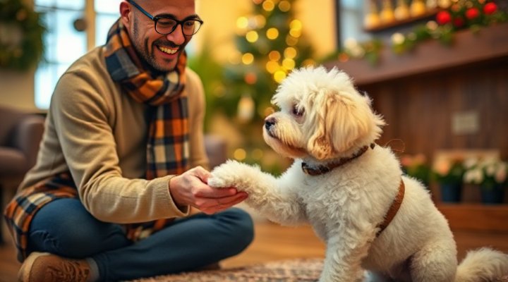 A small dog shaking hands with its owner as part of training