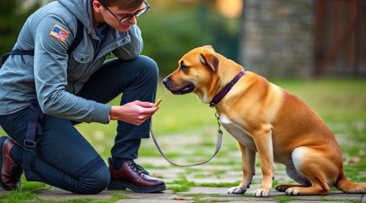 A trainer working one-on-one with a dog on obedience skills