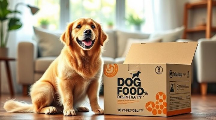 A happy golden retriever enjoying a meal from a dog food delivery service