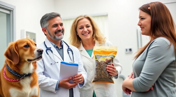 A veterinarian discussing dog food options with a pet owner