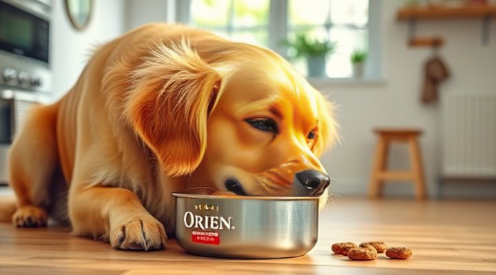 A happy golden retriever enjoying a bowl of Orijen dog food