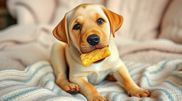 A playful puppy enjoying a treat