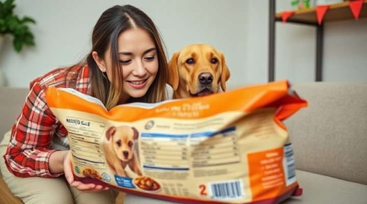 A caring dog owner reading the label on a bag of dog food