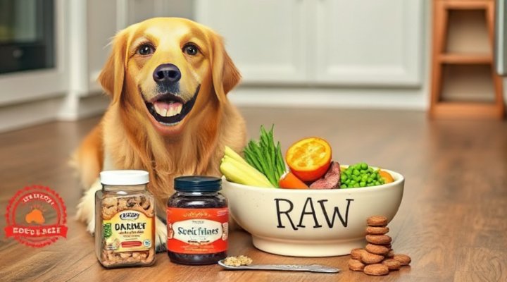 A bowl of raw dog food with meat, vegetables, and supplements