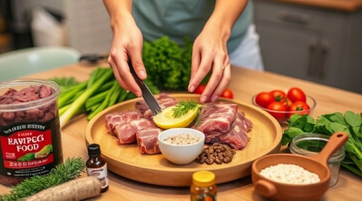 Person preparing balanced raw food meal for dog