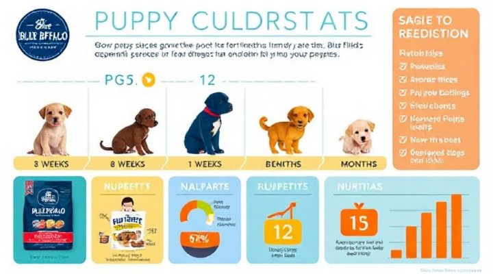 Educational infographic showing puppy growth stages with Blue Buffalo nutrition benefits