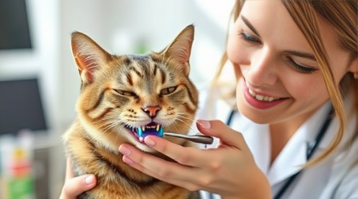 Friendly veterinarian examining cat's teeth