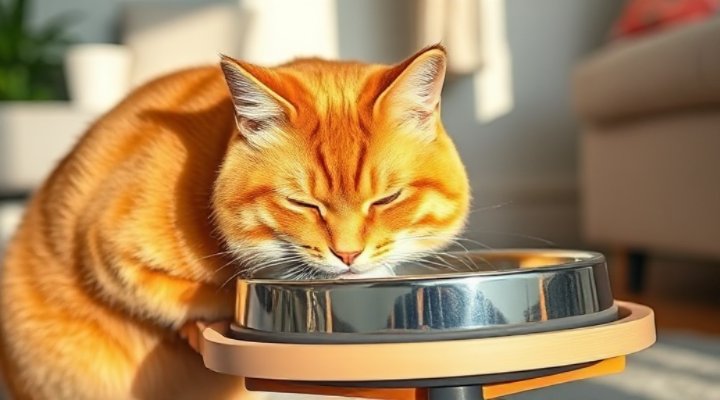 Older cat comfortably eating specialized senior chewy food