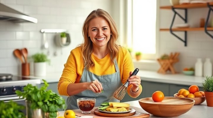 Caring woman preparing homemade organic dog food in kitchen