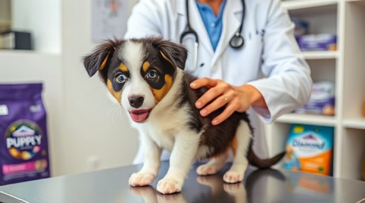 Veterinarian examining healthy puppy with proper nutrition
