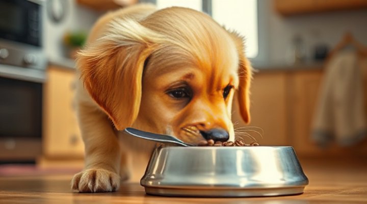 A curious dog examining dog food for picky eaters