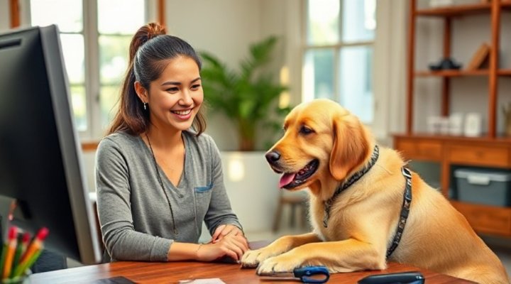 Woman learning dog grooming techniques from online course with golden retriever