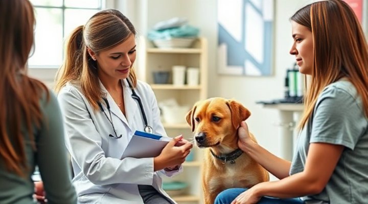Caring veterinarian discussing plant-based diet options with dog owner