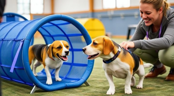 A kind trainer rewarding a dog with a treat after completing an agility tunnel