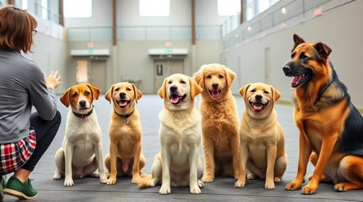 Multiple dogs and owners participating in a group training session