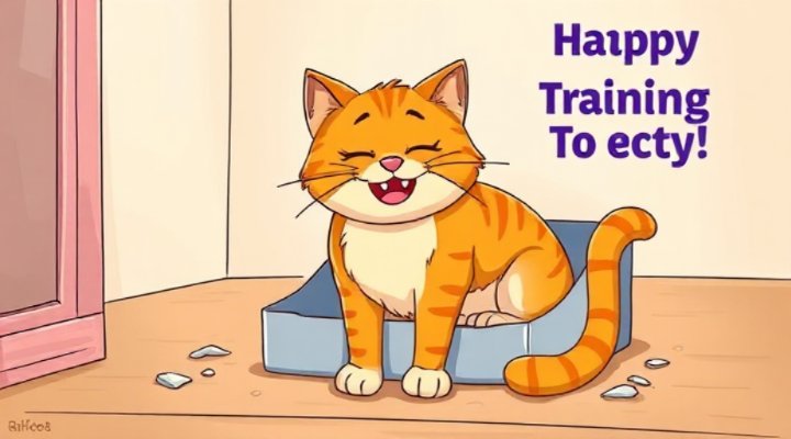 Content cat using litter box correctly, showing training success