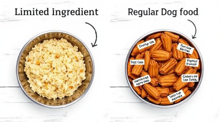 Visual comparison showing simple ingredients in limited ingredient dog food versus complex ones in regular food, highlighting allergen reduction