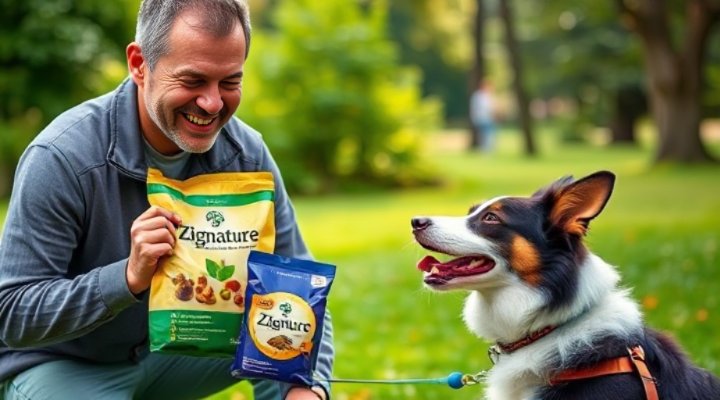 A loving owner using Zignature dog food as a treat during a training session with an attentive dog