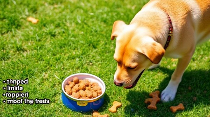 A content Labrador retriever enjoying a meal that includes limited ingredient dog food and complementary treats