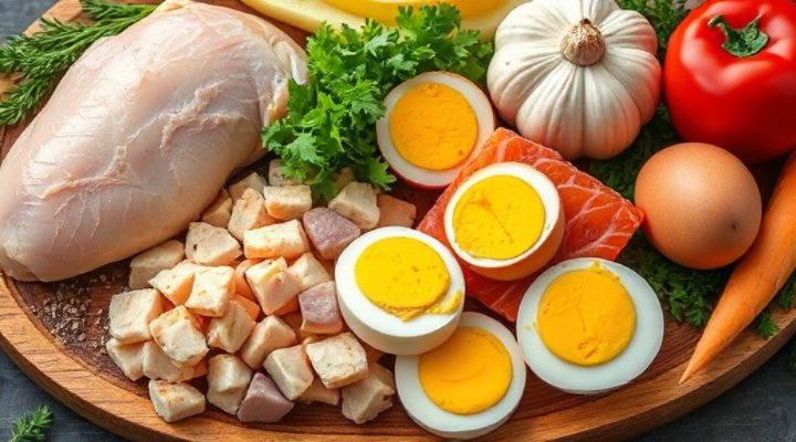 Close-up of high protein dog food ingredients like chicken and fish